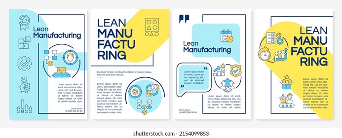 Lean manufacturing yellow and blue brochure template. Continuous production. Leaflet design with linear icons. 4 vector layouts for presentation, annual reports. Questrial, Lato-Regular fonts used