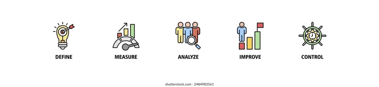 Icono de Anuncio Lean six sigma Web set concepto de Ilustración vectorial de iconos para mejorar el proceso con ícono de definir, medir, analizar, mejorar y controlar