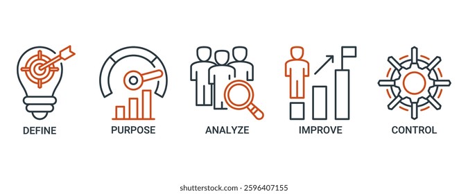 Lean six sigma icon set. Vector illustration concept for process improvement with icon of define, measure, analyze, improve, and control icons. Outline vector symbol background.