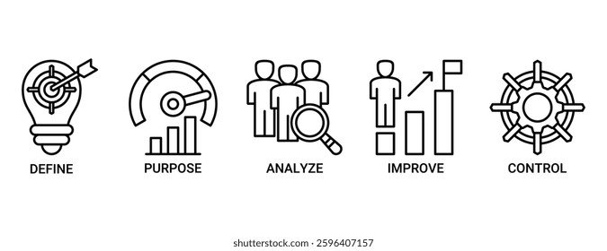Lean six sigma icon set. Vector illustration concept for process improvement with icon of define, measure, analyze, improve, and control icons. Outline vector symbol background.