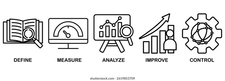 Lean six sigma icon set concepto de Ilustración vectorial para mejorar el proceso con el icono de definir, medir, analizar, mejorar y controlar