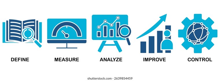 Lean six sigma icon set vector illustration concept for process improvement with icon of define, measure, analyze, improve, and control