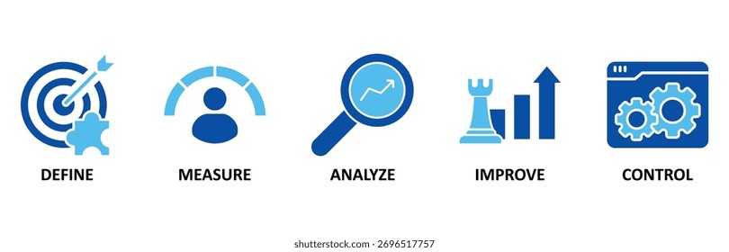 Lean six sigma icon set En Blue Style, Ilustración vectorial para mejorar el proceso con el icono de definir, medir, analizar, mejorar y controlar