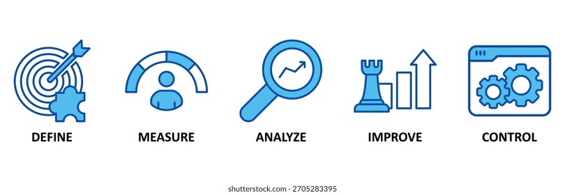 Lean six sigma icon set In Blue Style, Ilustração de vetor para melhoria de processo com ícone de definir, medir, analisar, melhorar e controlar