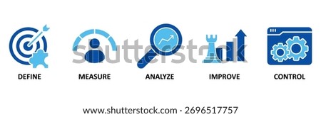 Lean six sigma icon set In Blue Style, Vector Illustration for process improvement with icon of define, measure, analyze, improve, and control