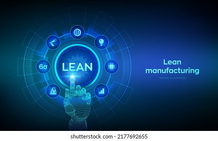 Lean. Six sigma smart industry, quality control, standardization. Lean manufacturing DMAIC. Business and industrial process optimisation. Robotic hand touching digital interface. Vector illustration.