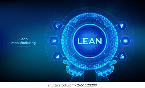 Magra. Industria inteligente de seis sigma, control de calidad, estandarización. Fabricación Lean DMAIC. Concepto de optimización de procesos empresariales e industriales. Esfera de rejilla hexagonal en manos de alambre. Vector.