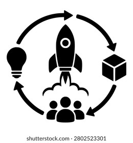Lean Startup Cycle with Rocket Idea Product and Customers, Black Glyph Icon for Build Measure Learn Process