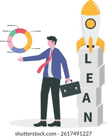 Lean startup using agile methodology to manage company for fast deliver or launch product, businessman showing growth graph leaning on box stack with the word LEAN with ready to rocket ship on top.

