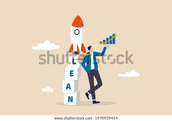Lean startup using agile methodology to manage\
company for fast deliver or launch product, businessman showing\
growth graph leaning on box stack with the word LEAN with ready to\
rocket ship on top.