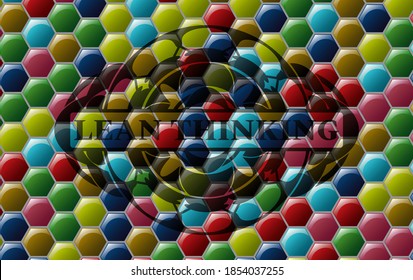 Lean Thinking text inside Colorful candy emblem. Hexagon fancy background. Vector illustration. 