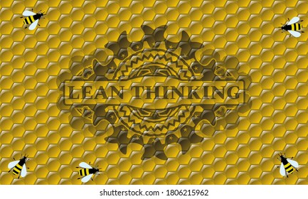 Lean Thinking text inside sweet honey bees realistic badge. beekeeping graceful background. Artistic illustration. 