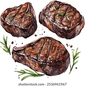 Lean venison steaks watercolor illustration. Hand-painted rich venison steaks with fine texture isolated on white background