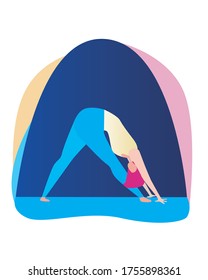 Leaning forward like a yoga pose and a cute girl with pink hair. Abstract vector stock illustration with yoga asana or simple pose for beginner yogis.