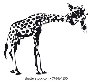 a leaning giraffe in black and white