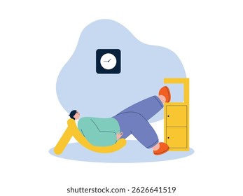 Apoiado em uma cadeira única com uma perna apoiada em um armário, ilustração de vetor de preguiça.