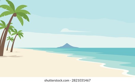 Leaning palm trees on a pristine white sandy beach looking out to the calm turquoise sea and a volcanic island.
