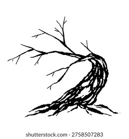 Leaning Spooky Halloween Dead Tree with Face Monochrome Silhouette Illustration