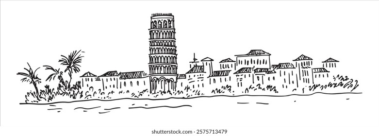 leaning tower of pisa with cityscape and palm trees hand-drawn sketch doodle