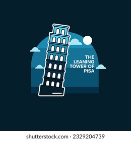 the leaning tower of pisa flat iconic illustration night dark blue