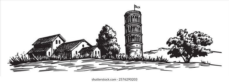 leaning tower of pisa with rural landscape hand-drawn illustration