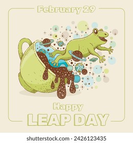 Leap day February 29 poster. Leap year calendar with jumping frog. February 29 day, 2024 concept. Cute frog jump out of cup with tea and galaxy print. Green 2024, 2028 year banner. Cartoon text poster