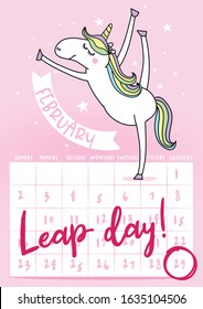 Leap day leap year 29 February calendar page with unicorn. Background Leap day leap year 29 February calendar and unicorn jump illustration vector graphic.