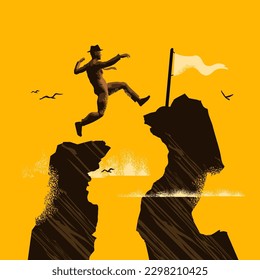 A leap of faith. A businessman jumps the final hurdle towwards his goal. Risk And achievement concept vector illustration.