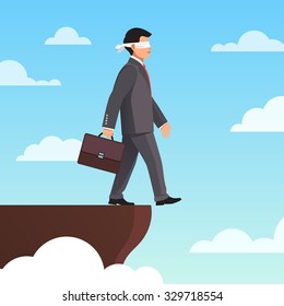 Leap Of Faith Concept. Blindfolded Businessman Walks Off The Cliff. Flat Style Vector Illustration.