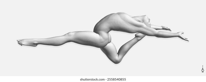 A leaping ballet dancer. The human body formed from many points. Gymnastic exercises. Design for sports event. Monochrome colouring. 3D illustration for brochure, cover, presentation, flyer or banner.