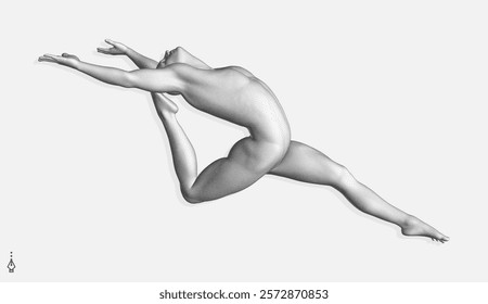 A leaping ballet dancer. The human body formed from many points. Gymnastic exercises. Design for sports event. Monochrome colouring. 3D illustration for brochure, cover, presentation, flyer or banner.