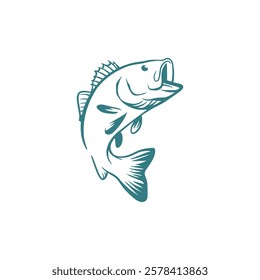 Leaping Bass Fish Illustration in Teal.