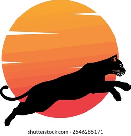 Leaping Black Panther Silhouette Against a Vibrant Orange Gradient Sunset. Perfect for Wildlife, Nature, and Artistic Design Projects.