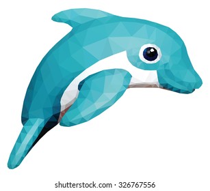 A leaping blue dolphin isolated against white, low poly vector illustration.