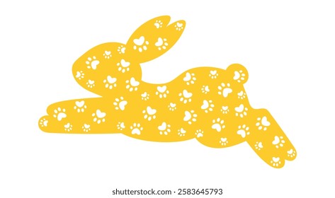 Leaping Bunny Silhouette. Cute Yellow Rabbit with Paw Print and Heart Pattern for Easter, Spring, and Decorative Designs. Easter Bunny Silhouettes