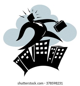 Leaping business man past a textured cloud over tall city buildings
