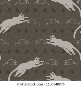 Leaping Cat Mouse Vector Pattern, Hand Drawn Seamless Kitties Silhouette Illustration for Trendy Fashion Prints, Animal Stationery, Feline Friends Gift Wrapping, Wallpaper, Neutral Pet Store Backdrop