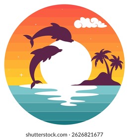 leaping dolphins and island with palm silhouettes, beautiful sunset on ocean view