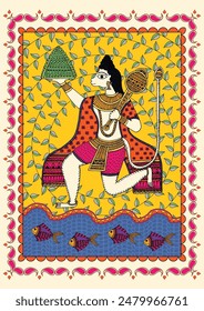 Leaping Faith: A Captivating Madhubani Depiction - Hanuman and Dronagiri Mountain. Madhubani art, Hindu god art, Hanuman artwork, Madhubani mythology art, Wall decor.Handmade.