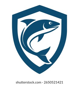 Logotipo de peixe saltando dentro da forma de escudo