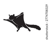 Leaping flying squirrel silhouette with membranes extended in mid-air on a plain background