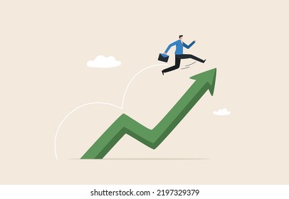 Leaping growth,  Growth strategy.  
Increased profit growth. Career challenges. wealth growing or accumulate, asset price rising up. Businessman jumping to the top of the arrow chart.