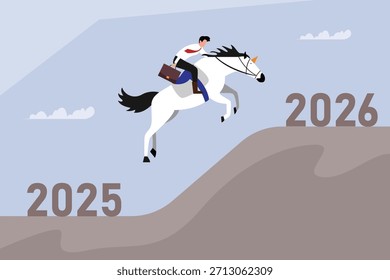 Leaping into the Future Year 2026, Entrepreneur Riding Unicorn from 2025 to Next Goal 2d flat vector illustration