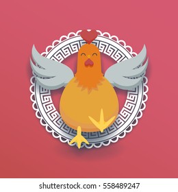 A leaping rooster with its wings spread out in the middle of a white paper cutting pattern vector illustration suitable to use for Chinese New Year 