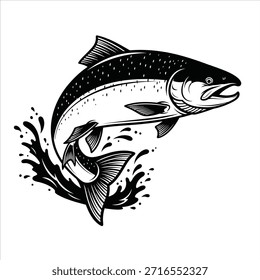 Leaping salmon fish black and white vector for fishing adventures. Wild river fish jumping out of water, splashing. Symbol of nature and strength.