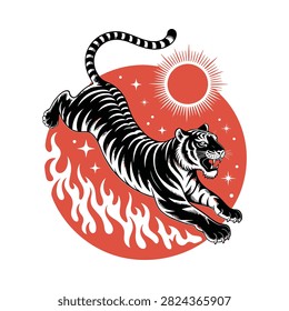Leaping Tiger Illustration With Flames And Sun Vintage Style