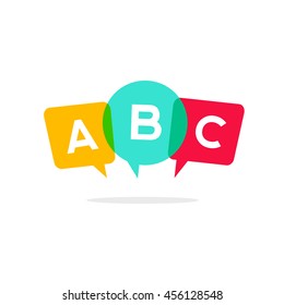 Learn ABC letters vector icon, child speaking conversation logo concept, language school badge isolated on white background, bubble speeches with three alphabet letters