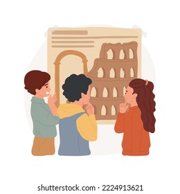 Learn about ancient civilizations isolated cartoon vector illustration. Children look at poster with ruins, learn ancient civilization history, elementary school curriculum vector cartoon.