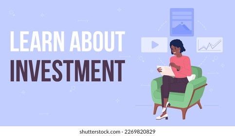 Learn about investment flat vector banner template. Online broker distance class. Investing course poster, leaflet printable color designs. Editable flyer page with text space. Bebas Neue font used