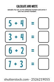 Aprender la adición con números simples, rellenar los resultados de la adición, hojas de trabajo para los niños